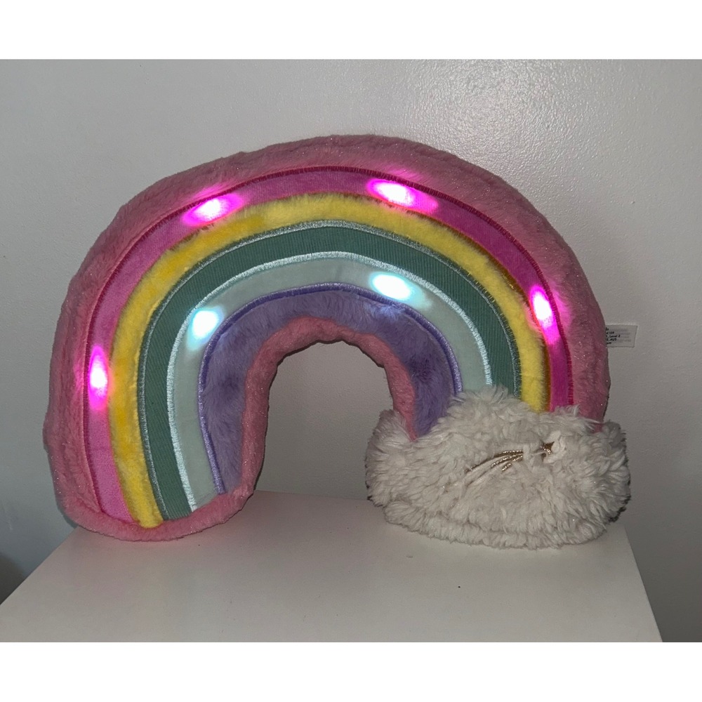 Pottery Barn Kids Light Up Rainbow Plush Decorative Pillow Pink Faux Fur LED